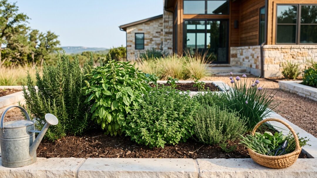 Five useful culinary herbs worth growing again in Texas heat: basil, oregano, chives, rosemary, and thyme.