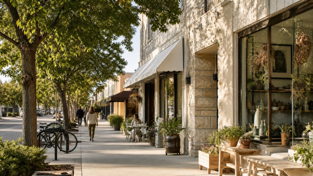 Independent shops and a cafe along a tree-shaded limestone main street in a growing small town.