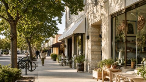 Independent shops and a cafe along a tree-shaded limestone main street in a growing small town.