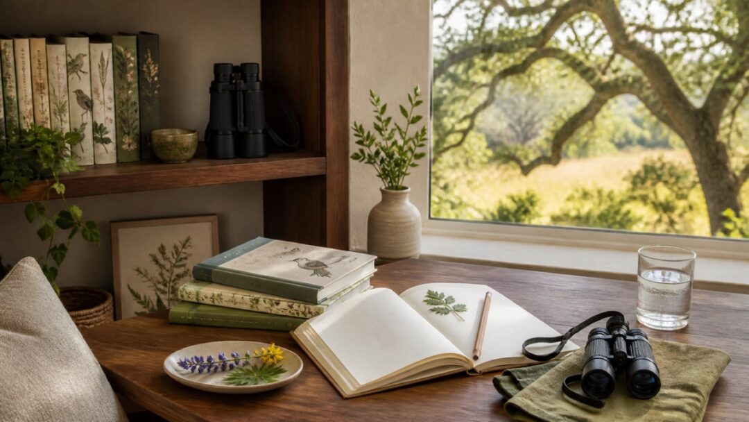 Field guides, binoculars, a blank notebook, and wildflower specimens beside a window overlooking live oaks.