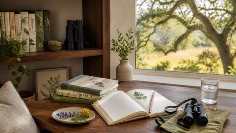 Field guides, binoculars, a blank notebook, and wildflower specimens beside a window overlooking live oaks.
