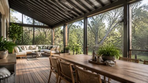 A screened Texas porch with a long wood table, comfortable seating, plants, fans, and live-oak views.