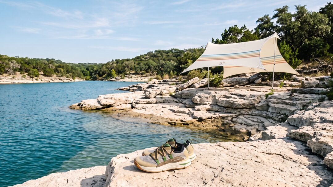 A Neso Grande sun shelter and Danner water shoes on the uneven limestone shoreline of Lake Travis.