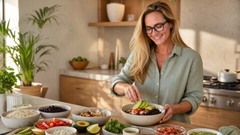 Jennifer assembling a taco bowl at her kitchen island with ingredients ready for everyone to serve themselves.