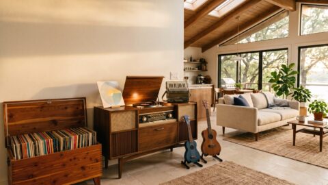 A restored record-player console with an accordion on top and two ukuleles on stands beside it in a warm living room.