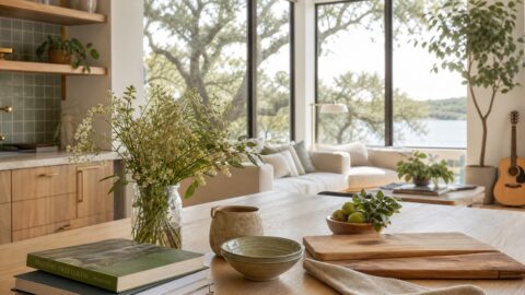 Clean modern organic lakehouse table with books, wildflowers, pottery, plants, and natural light