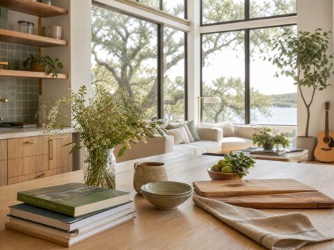 Clean modern organic lakehouse table with books, wildflowers, pottery, plants, and natural light