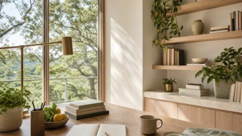 Clean modern organic home office with books, notebook, plants, trees, and natural light