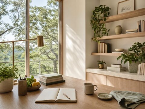 Clean modern organic home office with books, notebook, plants, trees, and natural light