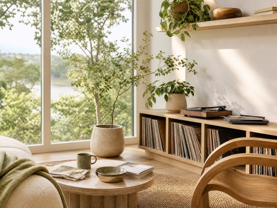 Clean modern organic living room with plants, record collection, natural postmodern furniture, and morning light