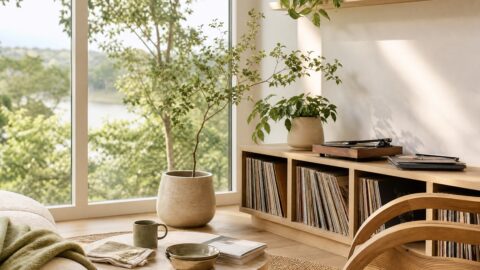 Clean modern organic living room with plants, record collection, natural postmodern furniture, and morning light