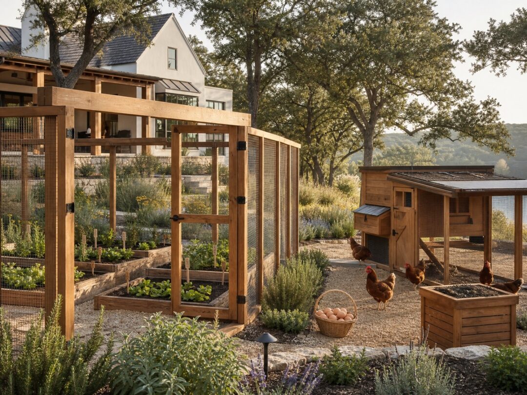 Clean modern lakehouse yard with wood garden enclosure, Rhode Island Red hens, chicken coop, compost bin, and Texas wildflowers