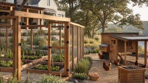 Clean modern lakehouse yard with wood garden enclosure, Rhode Island Red hens, chicken coop, compost bin, and Texas wildflowers