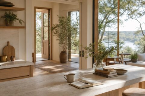 Clean modern organic kitchen entry with coffee, notebook, books, plants, and morning light.