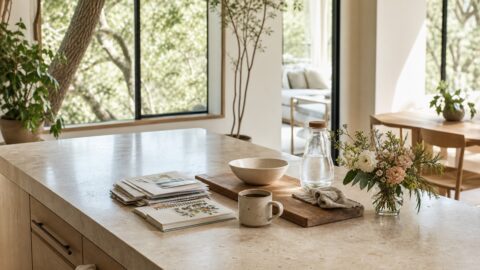 Clean kitchen island with neatly gathered papers, notebook, coffee, flowers, and natural morning light.