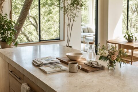 Clean kitchen island with neatly gathered papers, notebook, coffee, flowers, and natural morning light.
