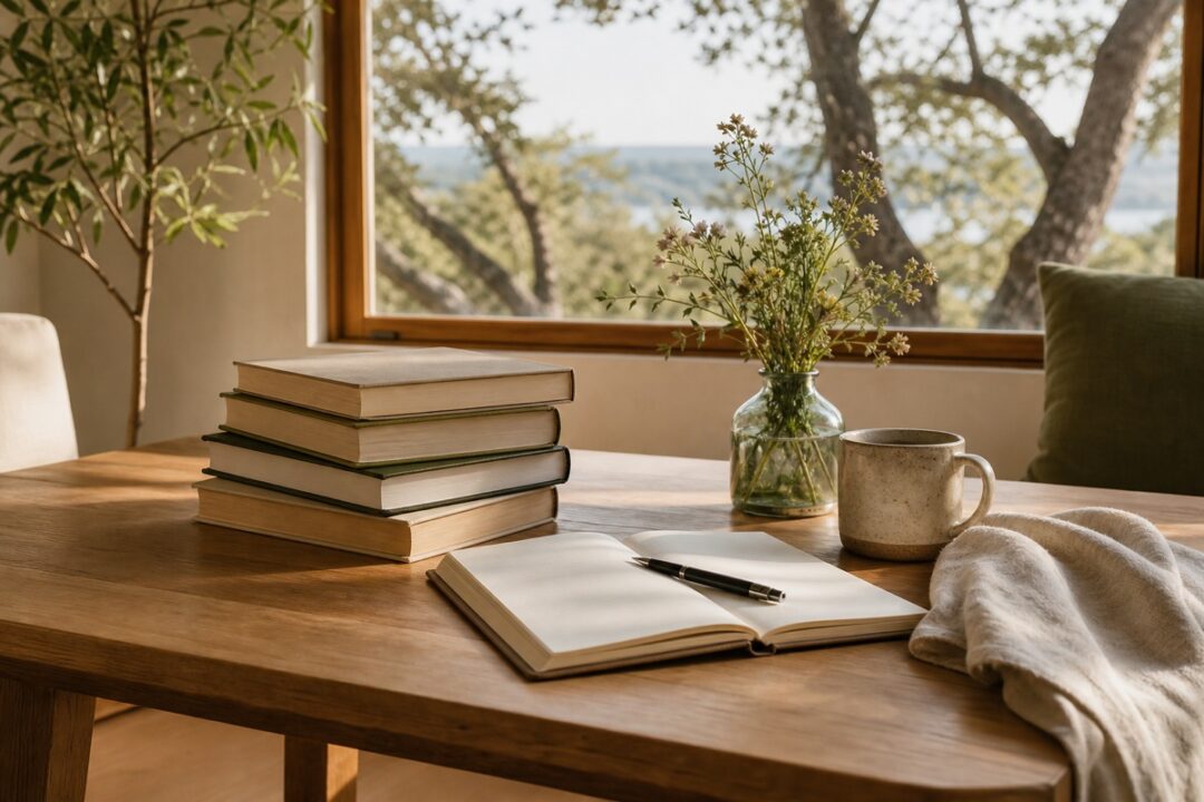 Thoughtful stack of books with notebook, coffee, wildflowers, plants, and soft window light.