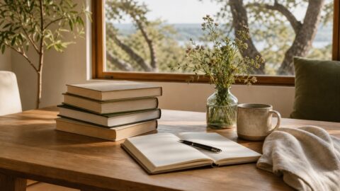 Thoughtful stack of books with notebook, coffee, wildflowers, plants, and soft window light.