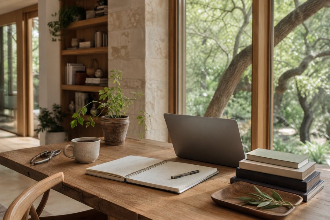 Calm founder work table with notebook, coffee, laptop, garden tools, books, plants, and natural light.