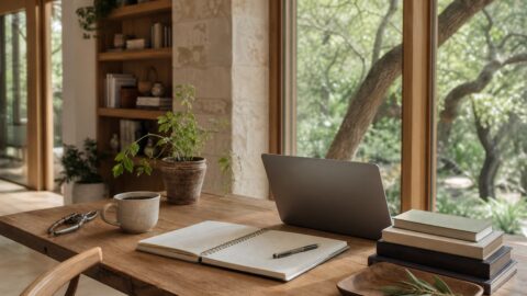 Calm founder work table with notebook, coffee, laptop, garden tools, books, plants, and natural light.