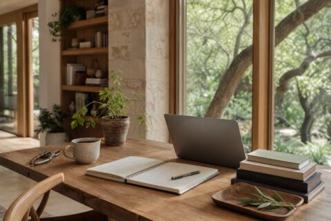 Calm founder work table with notebook, coffee, laptop, garden tools, books, plants, and natural light.