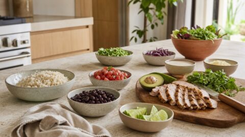 Taco bowl ingredients arranged on a clean kitchen island with avocado, tomatoes, herbs, citrus, and ceramic bowls.