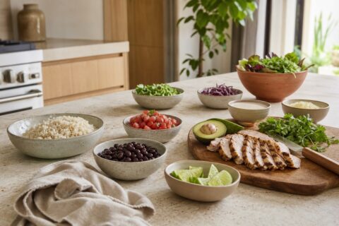 Taco bowl ingredients arranged on a clean kitchen island with avocado, tomatoes, herbs, citrus, and ceramic bowls.