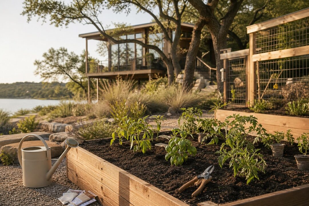 Tidy raised garden bed with tomato, pepper, basil, and herb starts in warm Texas Hill Country light.