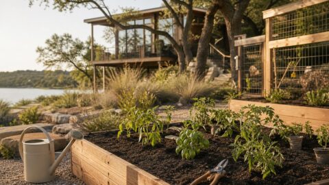 Tidy raised garden bed with tomato, pepper, basil, and herb starts in warm Texas Hill Country light.