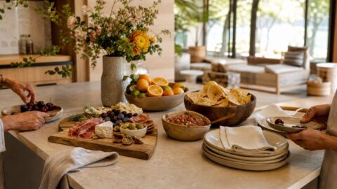 Relaxed kitchen island with charcuterie, fruit, chips and salsa, flowers, linen napkins, and warm natural light.
