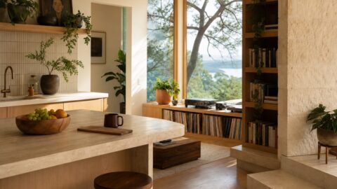 Clean modern organic living space with records, books, plants, natural wood, limestone, and large windows.