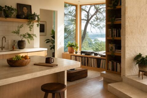 Clean modern organic living space with records, books, plants, natural wood, limestone, and large windows.