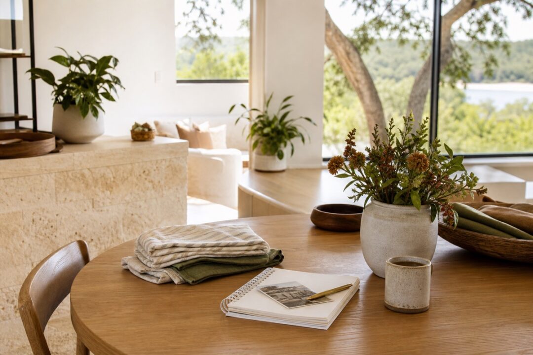 Quiet home table with folded linens, notebook, coffee, flowers, and soft natural light.