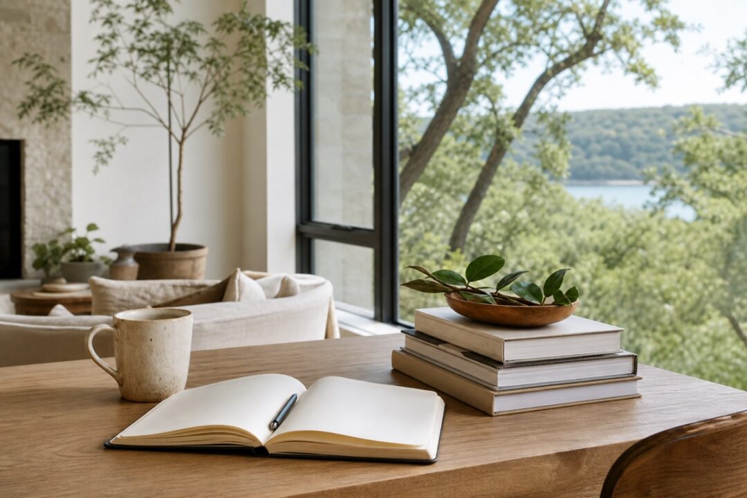 Notebook, books, coffee, and garden view arranged in warm morning light.