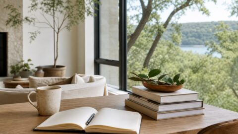 Notebook, books, coffee, and garden view arranged in warm morning light.