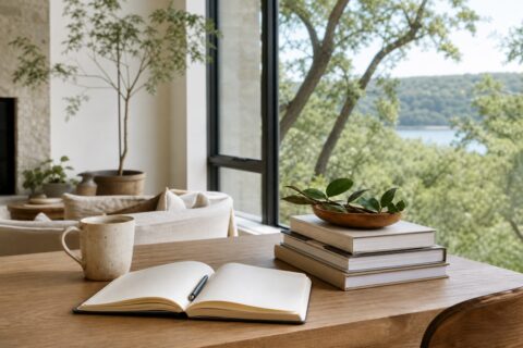 Notebook, books, coffee, and garden view arranged in warm morning light.