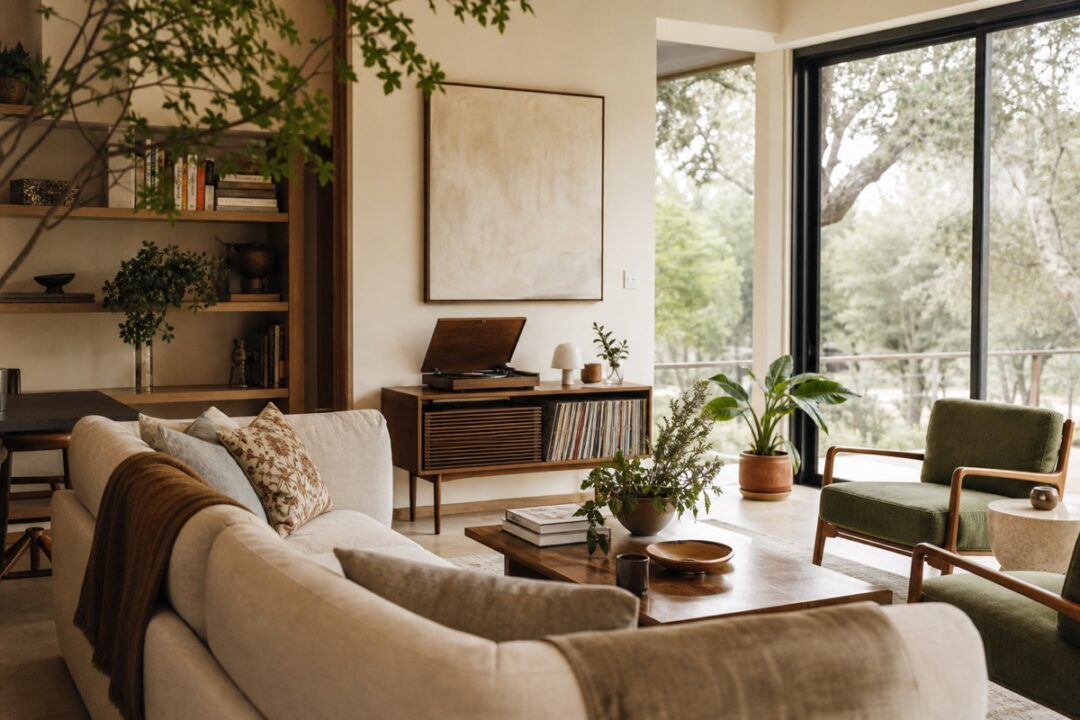 Modern organic living room with records, books, plants, conversation seating, and large windows with no visible TV.