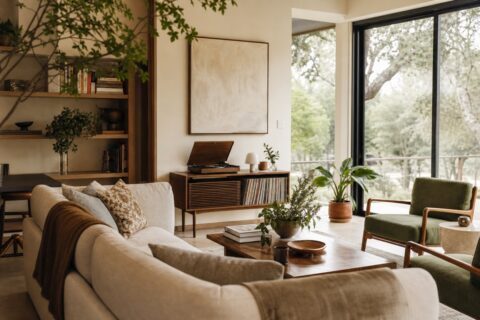 Modern organic living room with records, books, plants, conversation seating, and large windows with no visible TV.