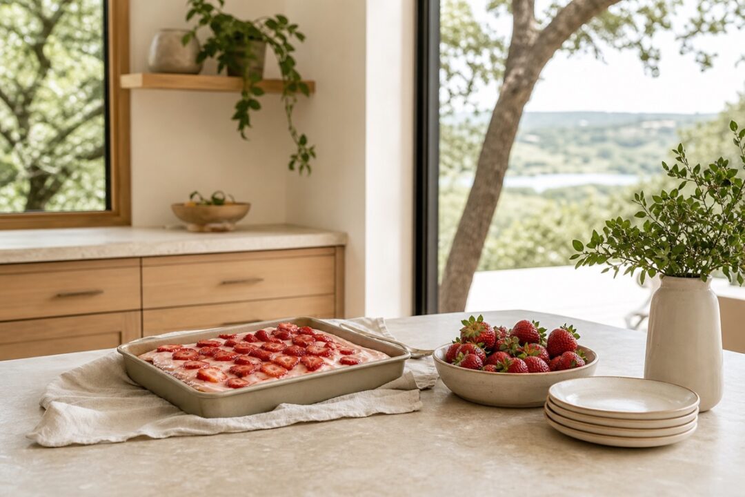 Fresh strawberry sheet cake in a rectangular pan with strawberries, ceramic plates, linen, and natural kitchen light.