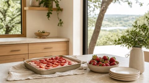 Fresh strawberry sheet cake in a rectangular pan with strawberries, ceramic plates, linen, and natural kitchen light.