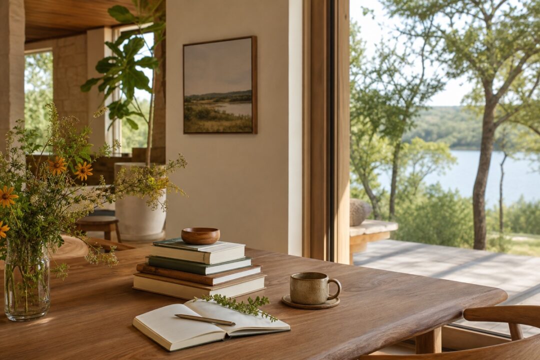 Quiet reading table with books turned away, notebook, wildflowers, coffee, plants, and garden light.