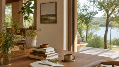 Quiet reading table with books turned away, notebook, wildflowers, coffee, plants, and garden light.