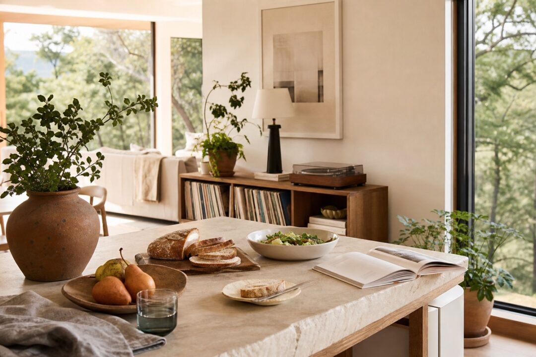 Relaxed long-weekend home scene with simple food, books, records, plants, and open-window light.