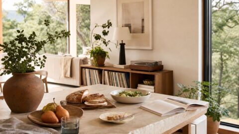Relaxed long-weekend home scene with simple food, books, records, plants, and open-window light.