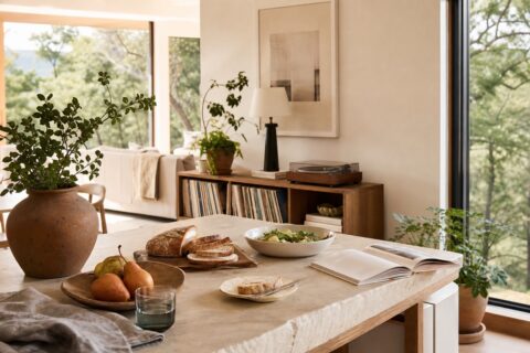 Relaxed long-weekend home scene with simple food, books, records, plants, and open-window light.