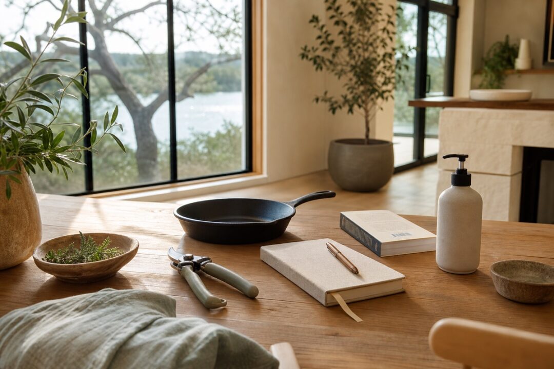 Garden pruners, cast iron skillet, notebook, book, and simple cleanser bottle arranged on a clean natural surface.