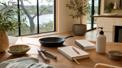 Garden pruners, cast iron skillet, notebook, book, and simple cleanser bottle arranged on a clean natural surface.