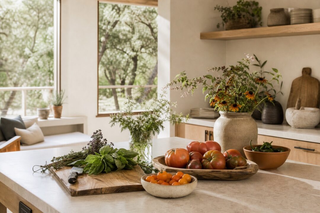 Fresh herbs, tomatoes, peppers, flowers, wood cutting board, and pottery bowls on a clean kitchen counter.