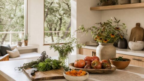 Fresh herbs, tomatoes, peppers, flowers, wood cutting board, and pottery bowls on a clean kitchen counter.