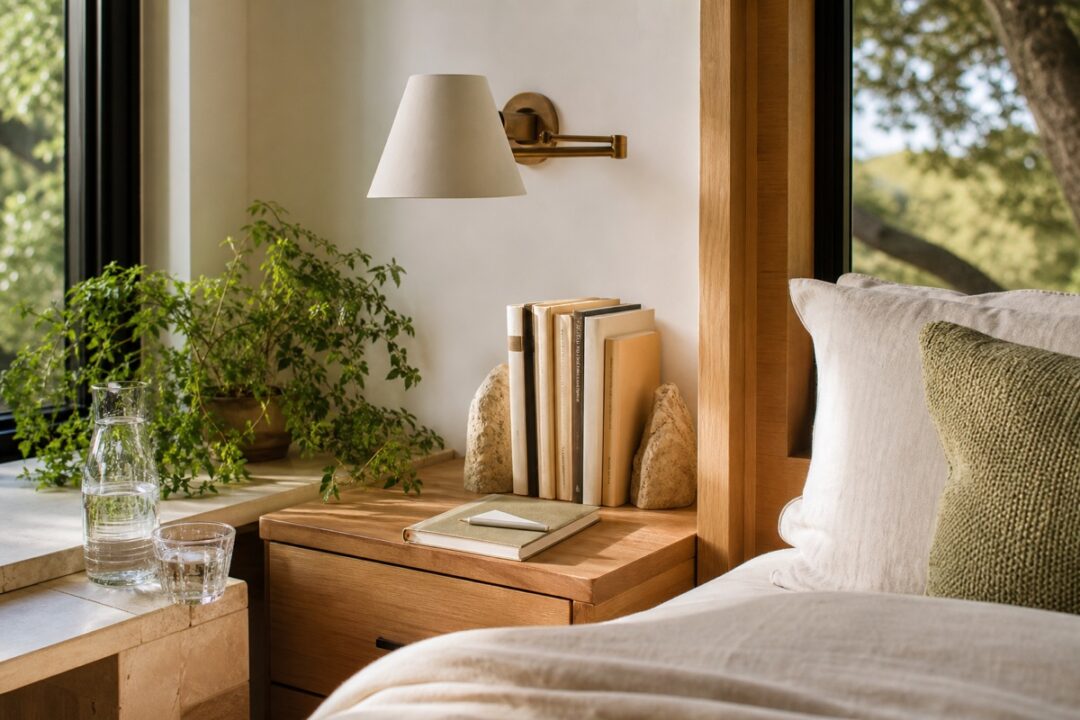 Modern organic nightstand with books turned away, small lamp, plant, water glass, and notebook.